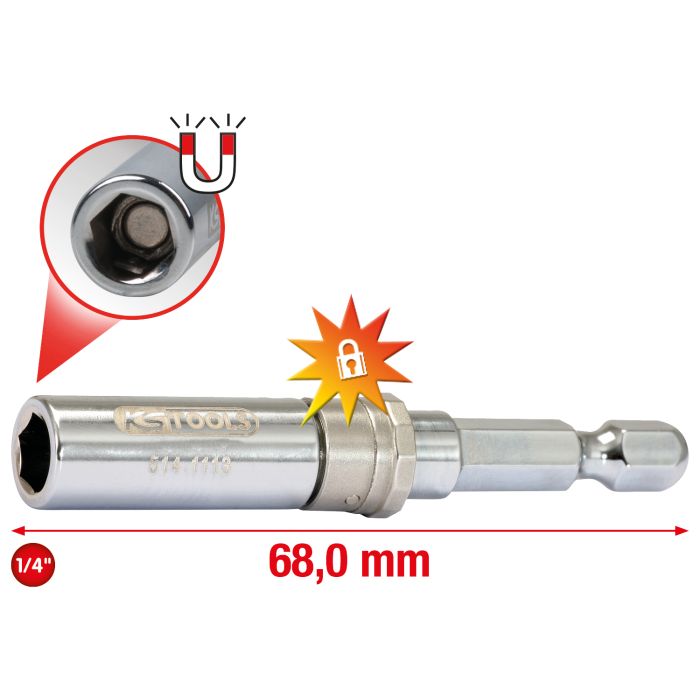 Bitsholder 1/4" 68mm magnetisk Slimlock med Lås-hurtigskift