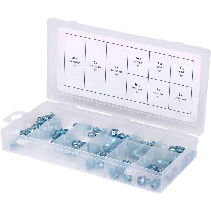 Sortiment Smørenipler metrisk/tommer, 70 deler, Smørenippel assortement