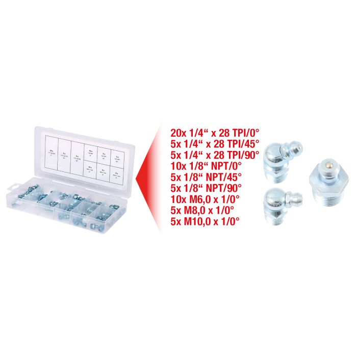 Sortiment Smørenipler metrisk/tommer, 70 deler, Smørenippel assortement