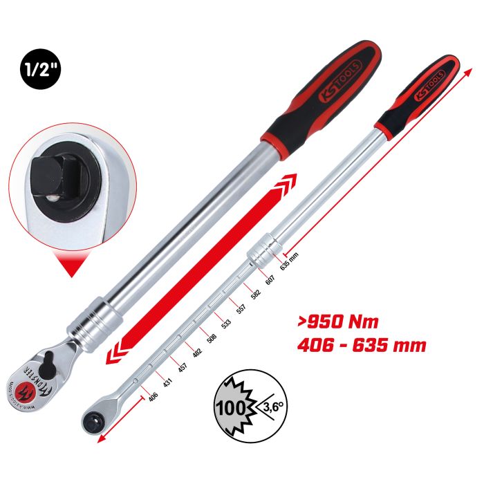 Skralle 1/2" Monster Teleskopisk 406-635mm 950Nm, 100 tenner
