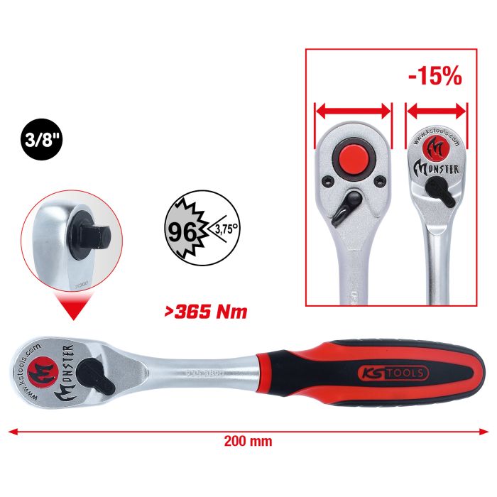 Skralle 3/8" Monster 200mm 365Nm, 96 tenner