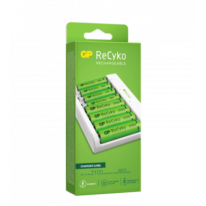 GP ReCyko Batterilader (USB), 8 batterier