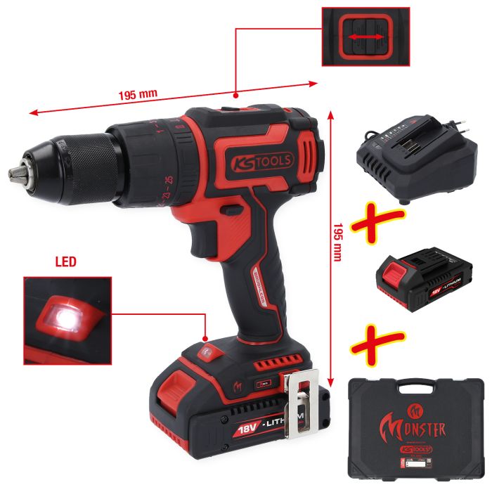 Batteridrill med slagfunksjon med 1 batteri og lader eMONSTER