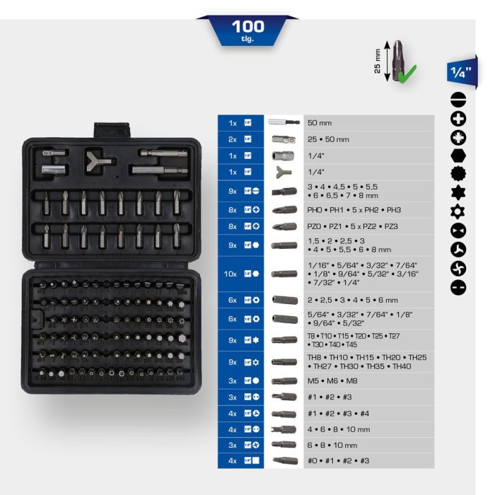 Bitssett 25mm, 100 deler