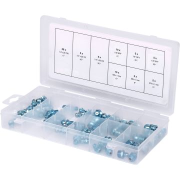 Sortiment Smørenipler metrisk/tommer, 70 deler, Smørenippel assortement